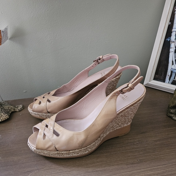 Stuart Weitzman Patent Leather Slingback Woven Wedge Platform Wedges - Picture 15 of 16